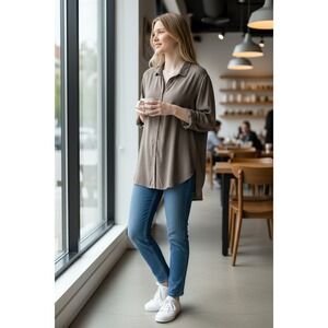 Hanro Womens Brown Viscose Button Down Long Sleeve Shirt Relaxed Fit Large